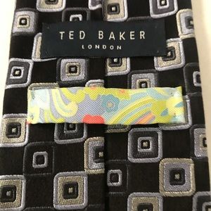 Silk Tie TED BAKER Black Silver Gray Tan Gold Squares Designer Tie